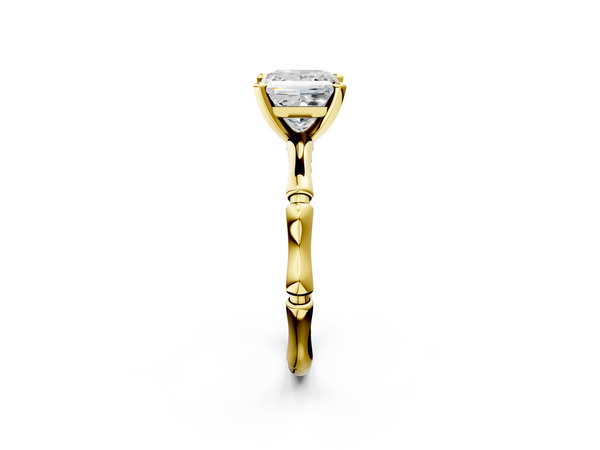 Yellow gold Princess Solitaire Diamond Ring with Bamboo Band and Four-Prong Setting