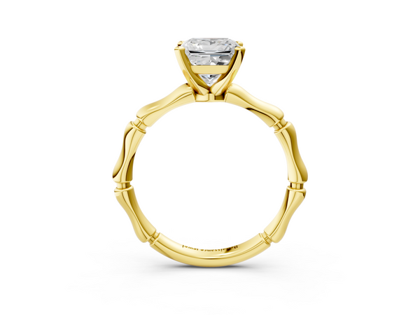 Yellow gold Princess Solitaire Diamond Ring with Bamboo Band and Four-Prong Setting