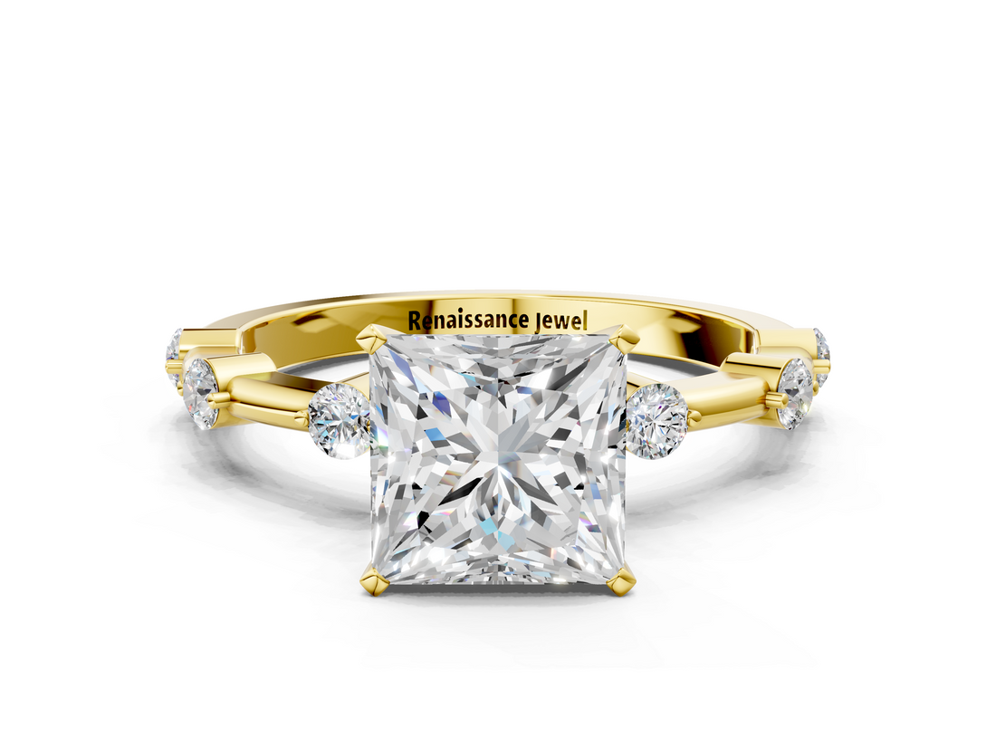 Yellow gold Princess Solitaire Diamond Ring with Bezel Set Side Stones and Prong Setting_25