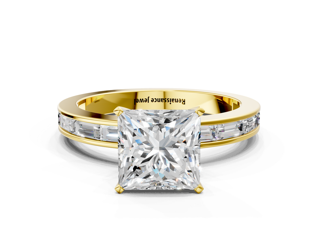 Yellow gold Princess Solitaire Diamond Ring with Channel-Set Baguette Band and Four-Prong Setting_82