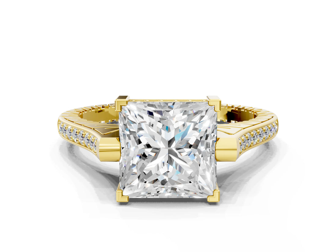 Yellow gold Princess Solitaire Diamond Ring with Channel Set Band and Bezel Prong Setting_56