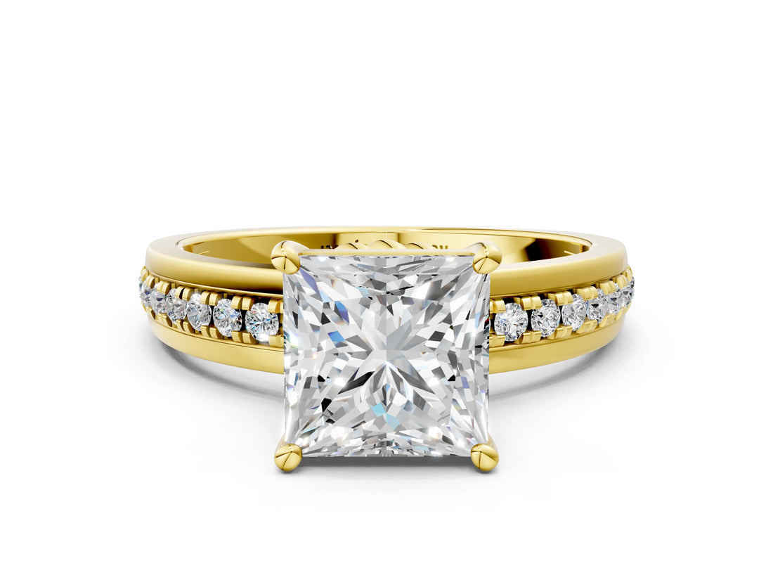 Yellow gold Princess Solitaire Diamond Ring with Channel Set Band and Six-Prong Setting_48