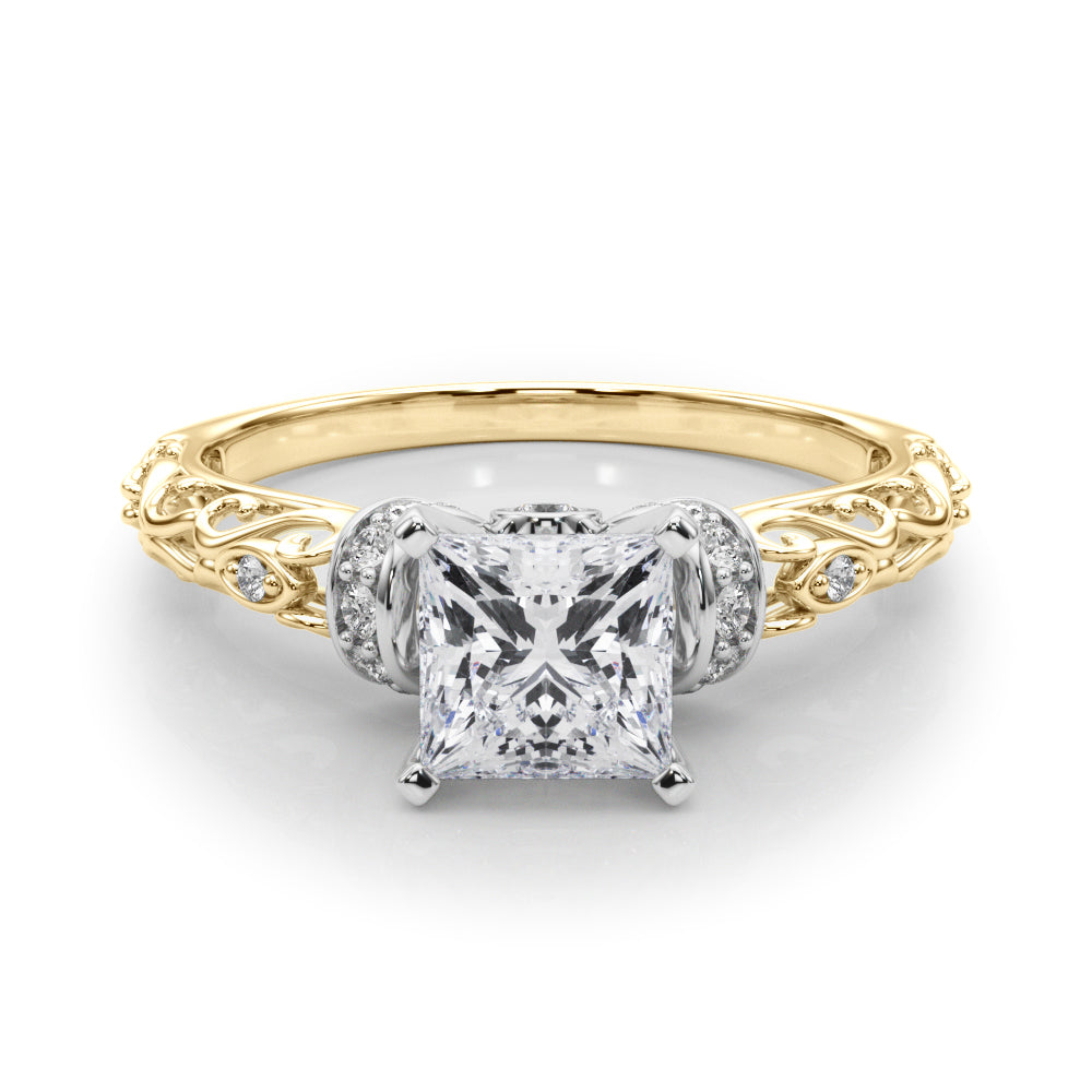Yellow gold Princess Solitaire Diamond Ring with Filigree Band and Four-Prong Setting 1
