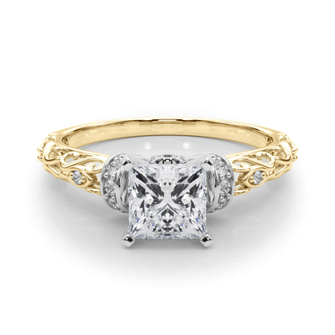 Yellow gold Princess Solitaire Diamond Ring with Filigree Band and Four-Prong Setting 1