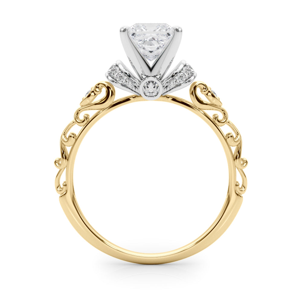 Yellow gold Princess Solitaire Diamond Ring with Filigree Band and Four-Prong Setting 2