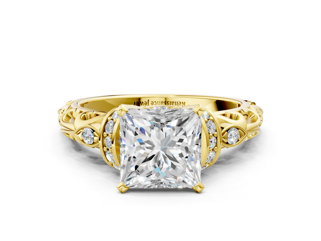 Yellow gold Princess Solitaire Diamond Ring with Filigree Band and Four-Prong Setting_59