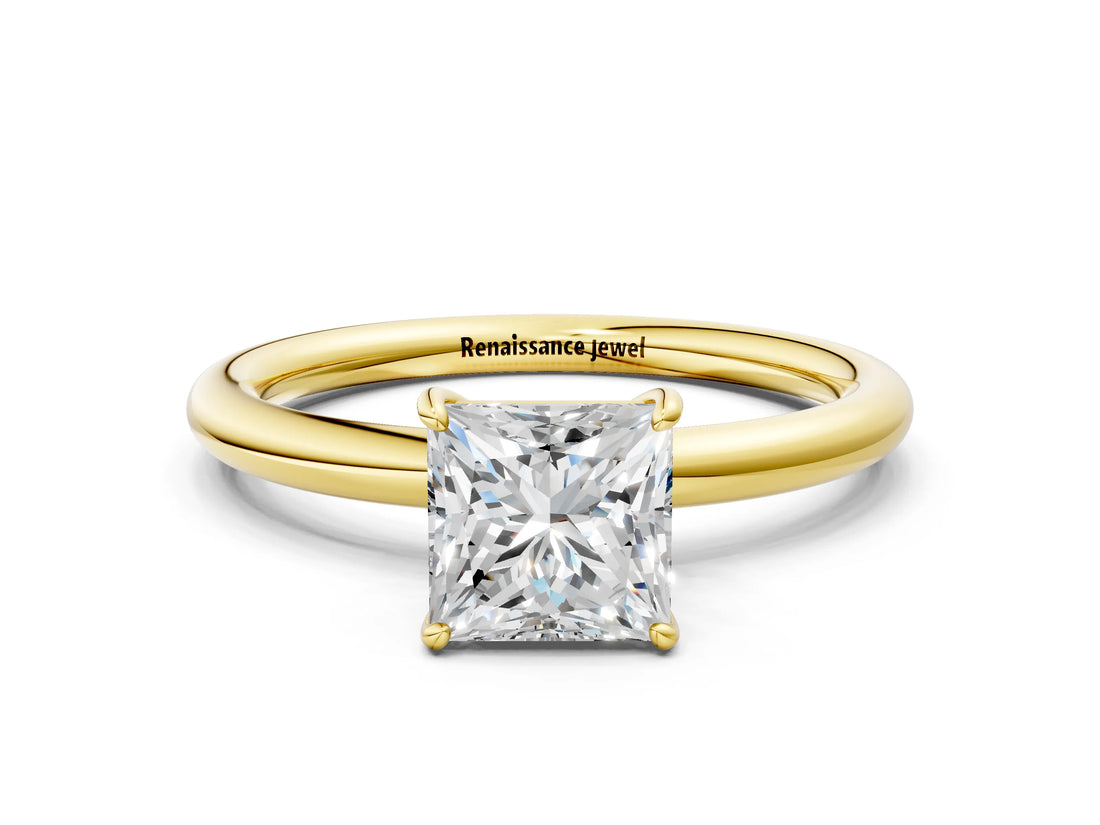 Yellow gold Princess Solitaire Diamond Ring with Four-Prong Setting on a Plain Band_19
