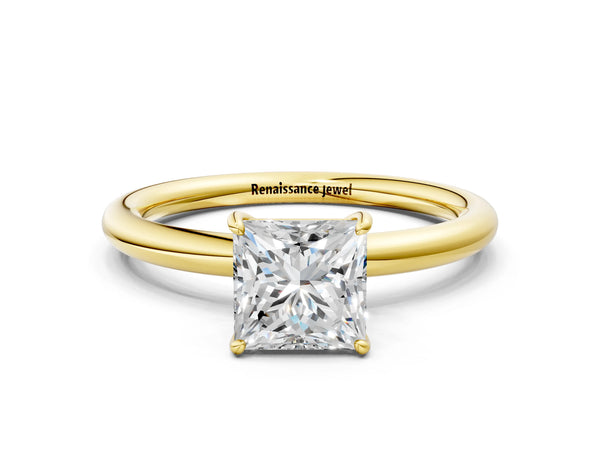 Yellow gold Princess Solitaire Diamond Ring with Four-Prong Setting on a Plain Band