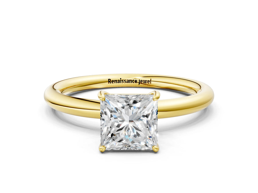 Yellow gold Princess Solitaire Diamond Ring with Four-Prong Setting on a Plain Band