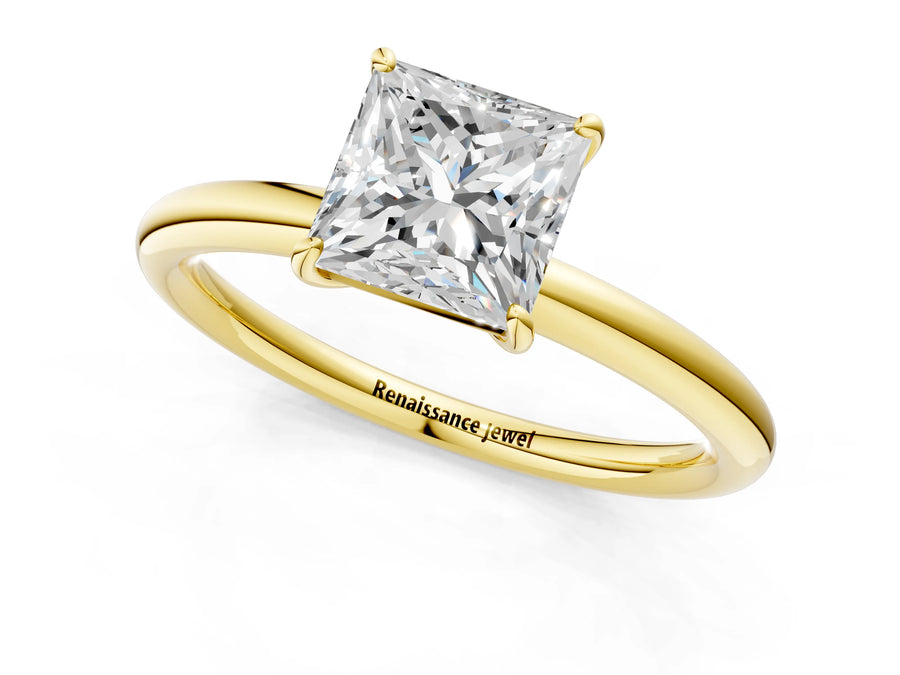 Yellow gold Princess Solitaire Diamond Ring with Four-Prong Setting on a Plain Band