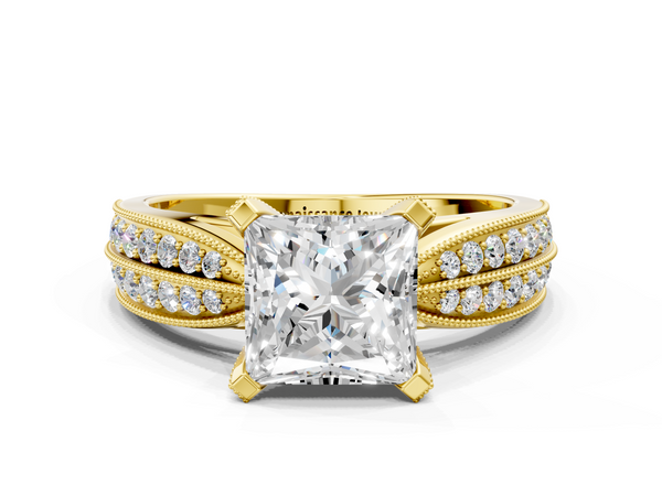 Yellow gold Princess Solitaire Diamond Ring with Milgrain Pavé Band and Four-Prong Setting