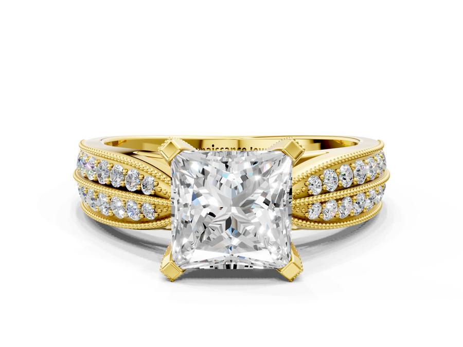 Yellow gold Princess Solitaire Diamond Ring with Milgrain Pavé Band and Four-Prong Setting
