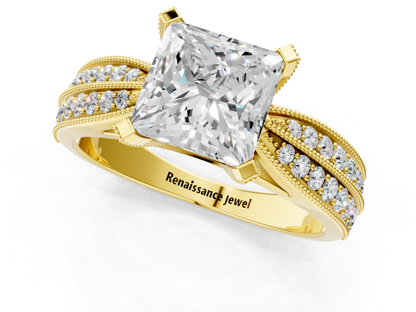 Yellow gold Princess Solitaire Diamond Ring with Milgrain Pavé Band and Four-Prong Setting