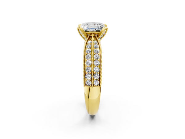 Yellow gold Princess Solitaire Diamond Ring with Milgrain Pavé Band and Four-Prong Setting