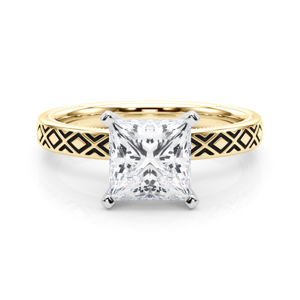 Yellow gold Princess Solitaire Diamond Ring with Milgrain and Black Enamel X Pattern Band 1