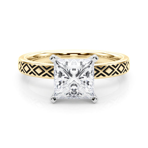 Yellow gold Princess Solitaire Diamond Ring with Milgrain and Black Enamel X Pattern Band 1