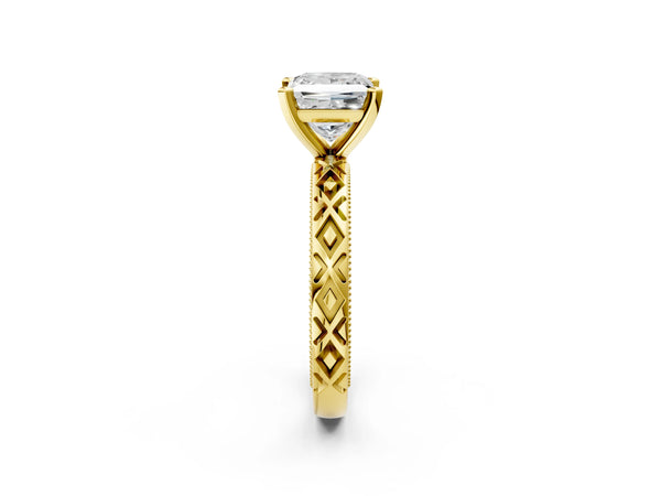 Yellow Gold Princess Cut Vintage Solitaire Engagement Ring Setting with Milgrain X Pattern Band