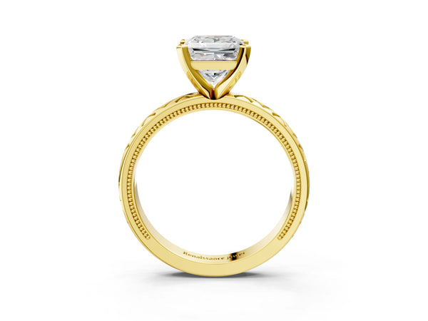 Yellow Gold Princess Cut Vintage Solitaire Engagement Ring Setting with Milgrain X Pattern Band