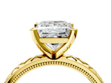Yellow gold Princess Solitaire Diamond Ring with Milgrain and Black Enamel X Pattern Band_200