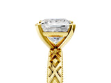 Yellow gold Princess Solitaire Diamond Ring with Milgrain and Black Enamel X Pattern Band_201