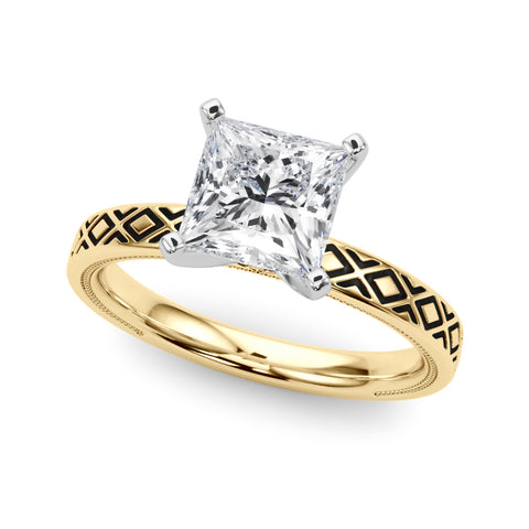 Yellow gold Princess Solitaire Diamond Ring with Milgrain and Black Enamel X Pattern Band