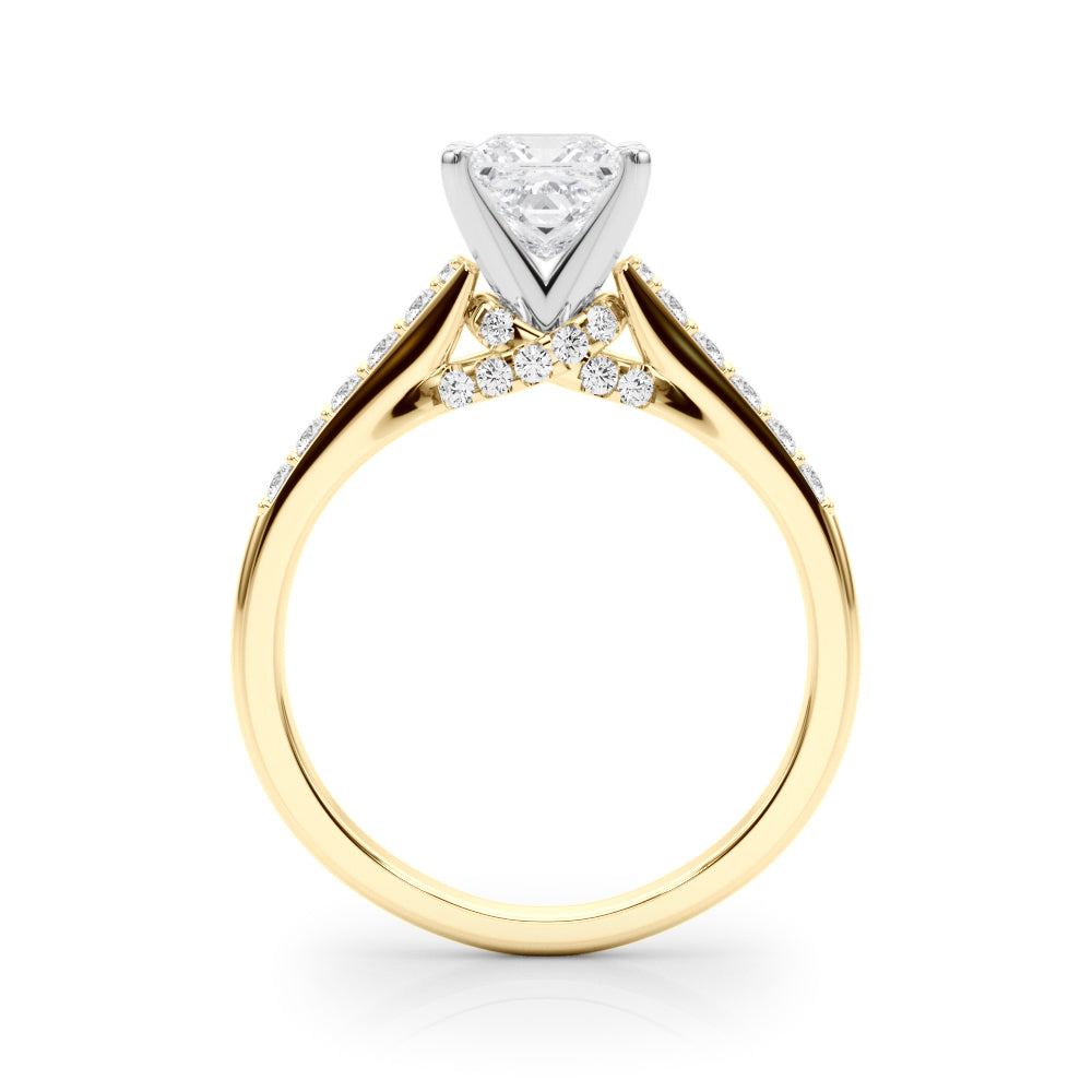 Yellow gold Princess Solitaire Diamond Ring with Pavé Band and Four-Prong Setting 2