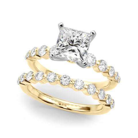 Yellow gold Princess Solitaire Diamond Ring with Pave Band and Four-Prong Setting 1