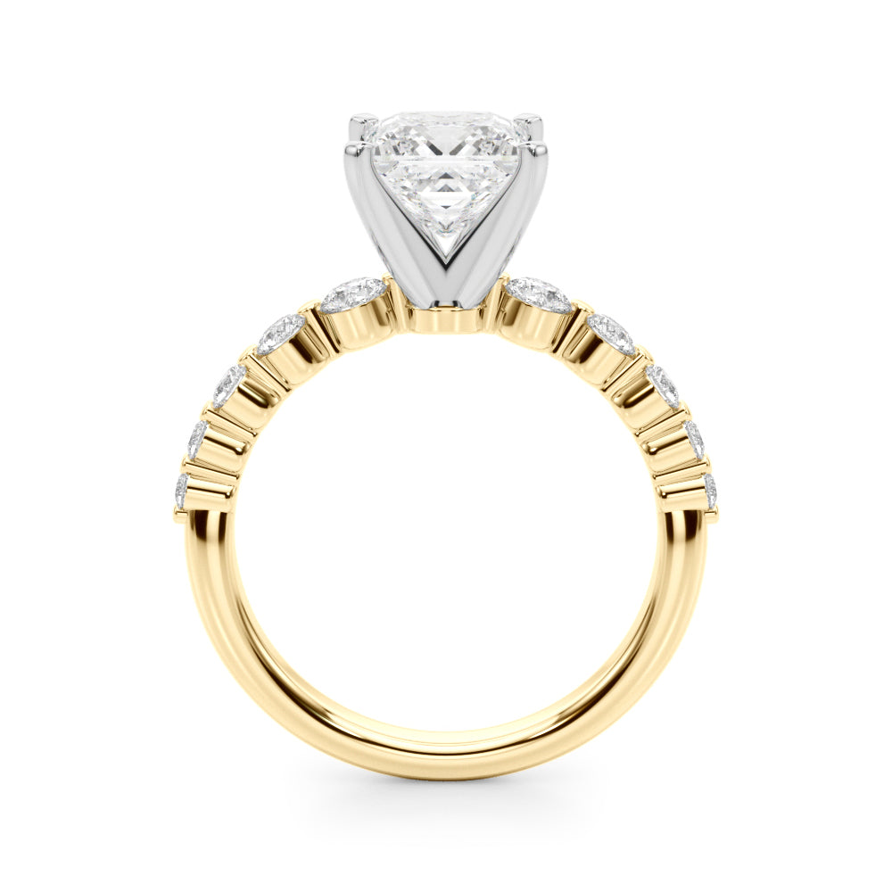 Yellow gold Princess Solitaire Diamond Ring with Pave Band and Four-Prong Setting 2