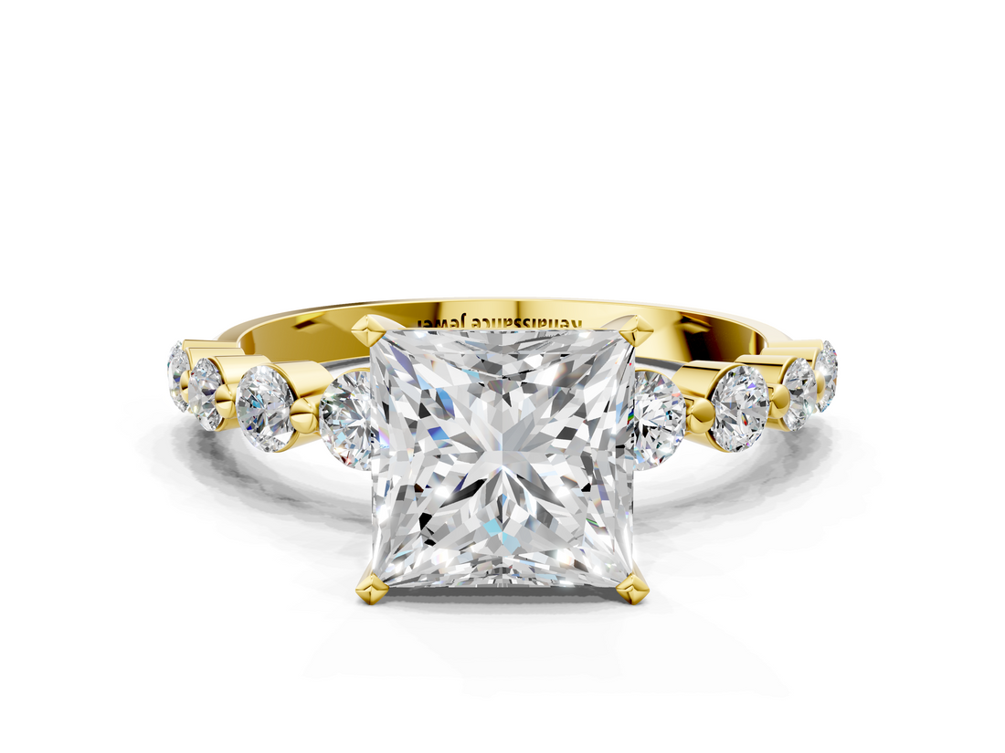 Yellow gold Princess Solitaire Diamond Ring with Pave Band and Four-Prong Setting_210
