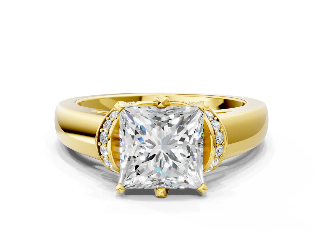 Yellow gold Princess Solitaire Diamond Ring with Pave Band and Six-Prong Setting_35