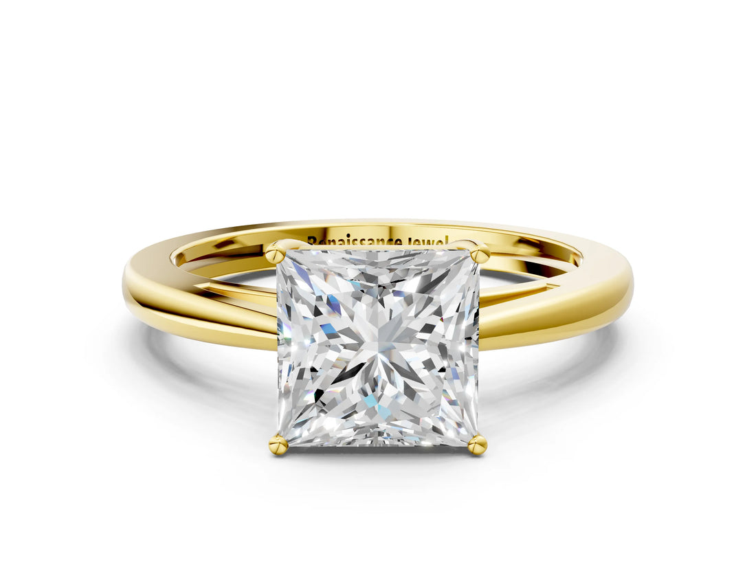 Yellow gold Princess Solitaire Diamond Ring with Split Shank and Four-Prong Setting_12