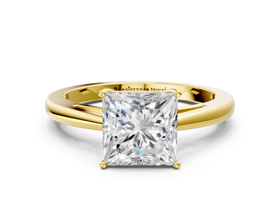 Yellow gold Princess Solitaire Diamond Ring with Split Shank and Four-Prong Setting