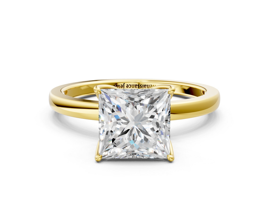 Yellow gold Princess Solitaire Diamond Ring with Thin Band and Four-Prong Setting_3