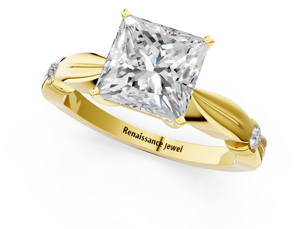 Yellow Gold Princess Cut Solitaire Engagement Ring Setting with Sculpted Leaf Shoulders and Accents