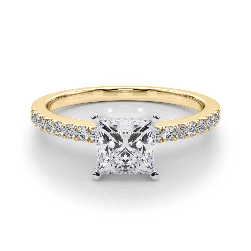 Yellow gold Princess Solitaire Diamond with Pavé Band and Four-Prong Setting 1