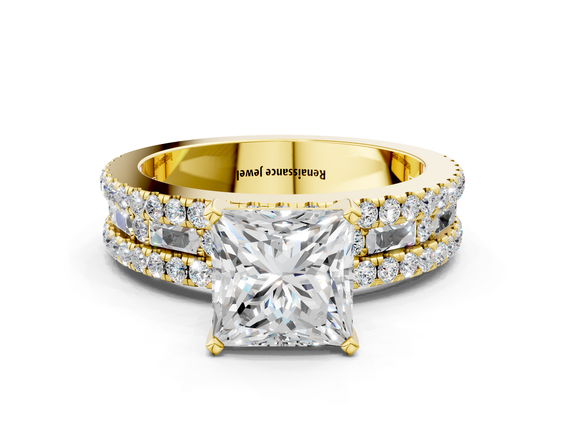 Yellow gold Princess Solitaire Diamond with Pave and Channel Set Band_63