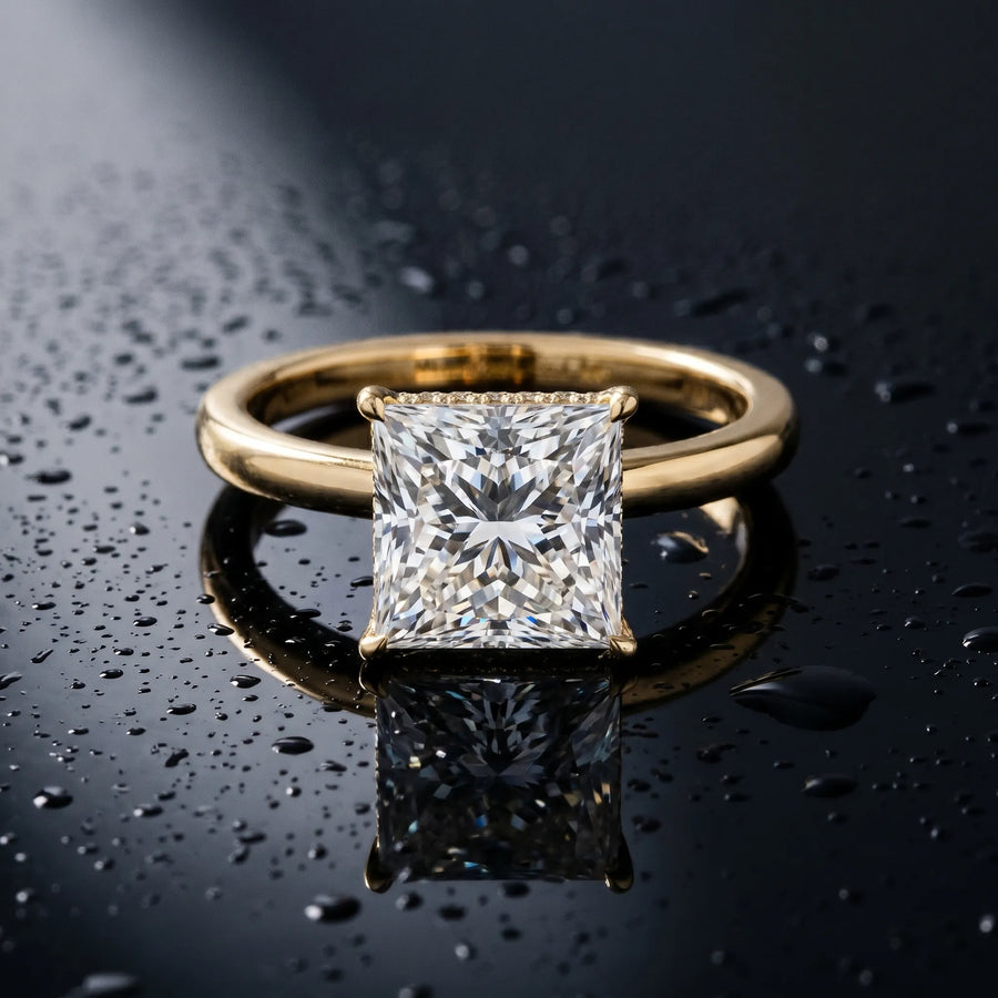 Yellow gold Princess Solitaire Engagement Ring with Cathedral Band and Four-Prong Setting