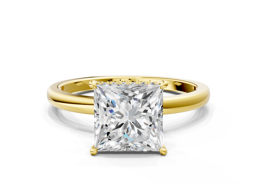 Yellow gold Princess Solitaire Engagement Ring with Cathedral Band and Four-Prong Setting