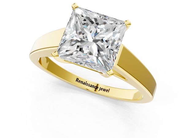Yellow gold Princess Solitaire Engagement Ring with Four-Prong Setting and Tapered Band