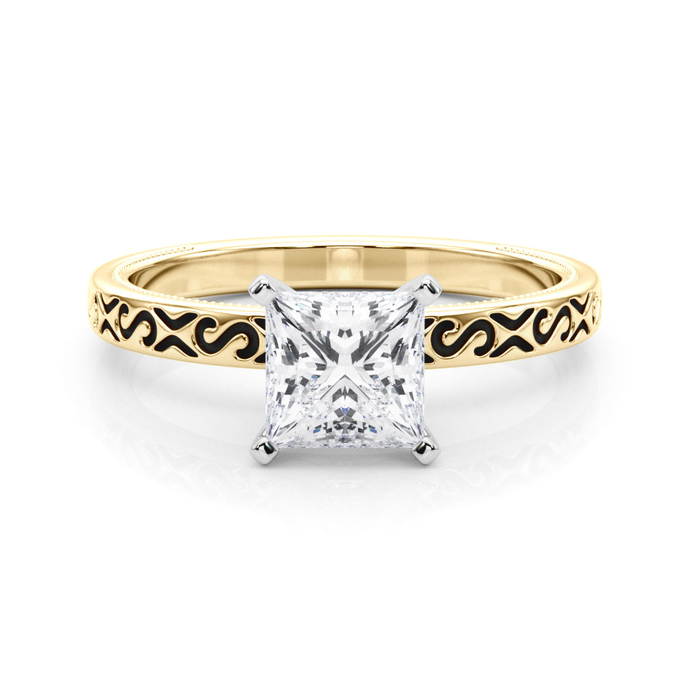 Yellow gold Princess Solitaire Engagement Ring with Scrollwork Band and Four-Prong Setting 1
