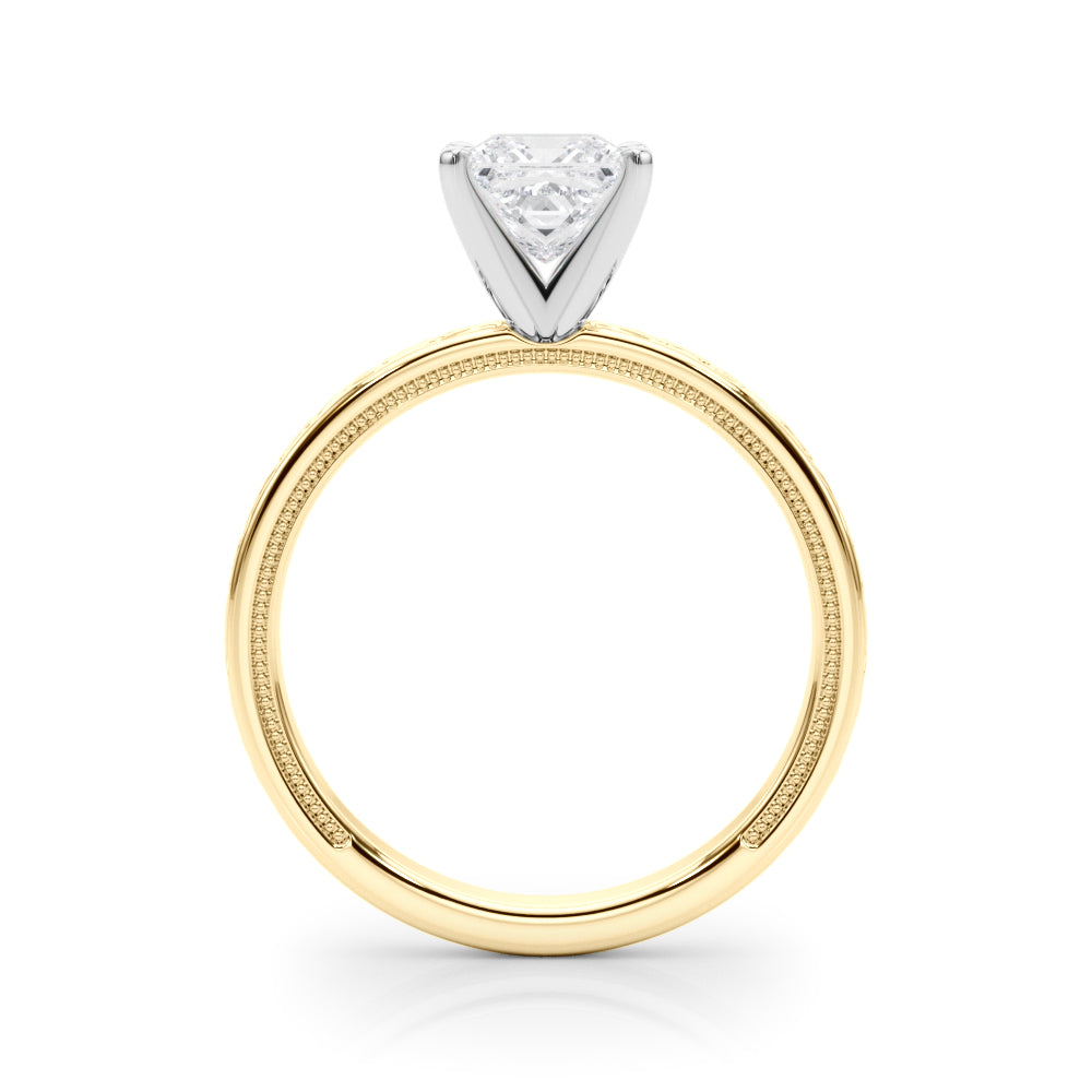 Yellow gold Princess Solitaire Engagement Ring with Scrollwork Band and Four-Prong Setting 2