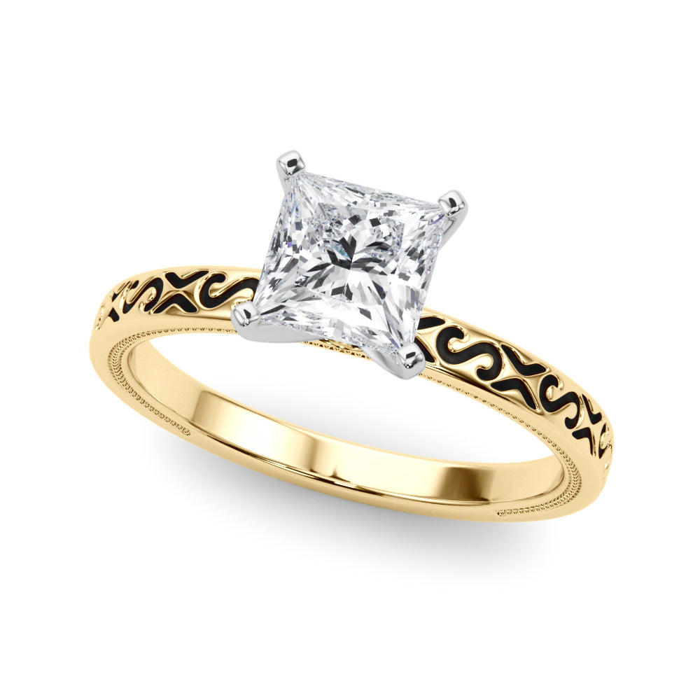 Yellow gold Princess Solitaire Engagement Ring with Scrollwork Band and Four-Prong Setting