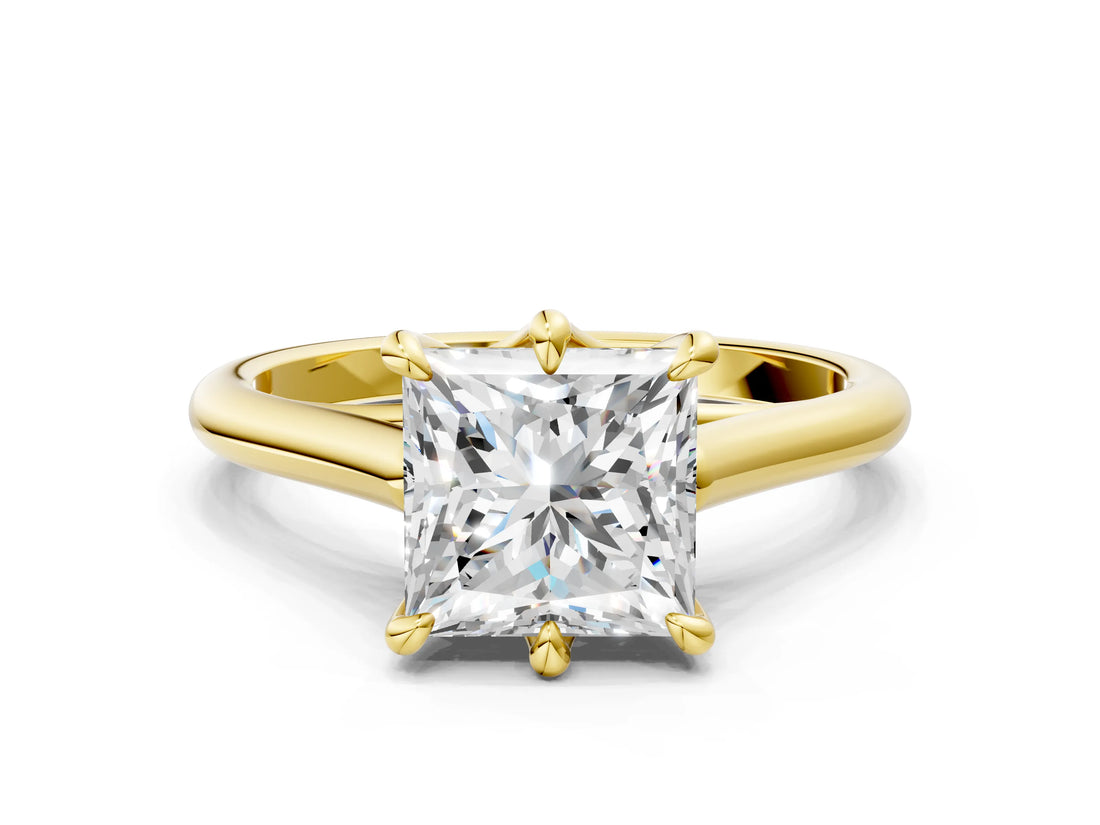 Yellow gold Princess Solitaire Engagement Ring with Six-Prong Setting and Classic Band