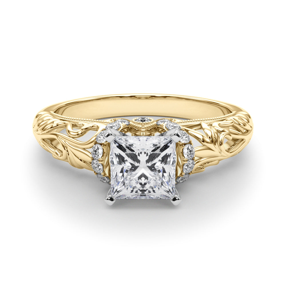 Yellow gold Princess Solitaire Filigree Engagement Ring with Halo and Prong Setting 1