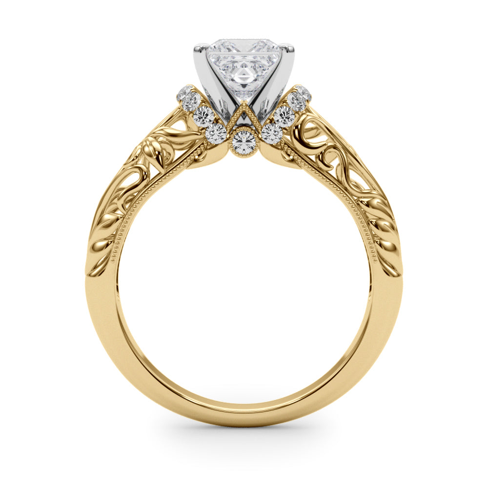 Yellow gold Princess Solitaire Filigree Engagement Ring with Halo and Prong Setting 2
