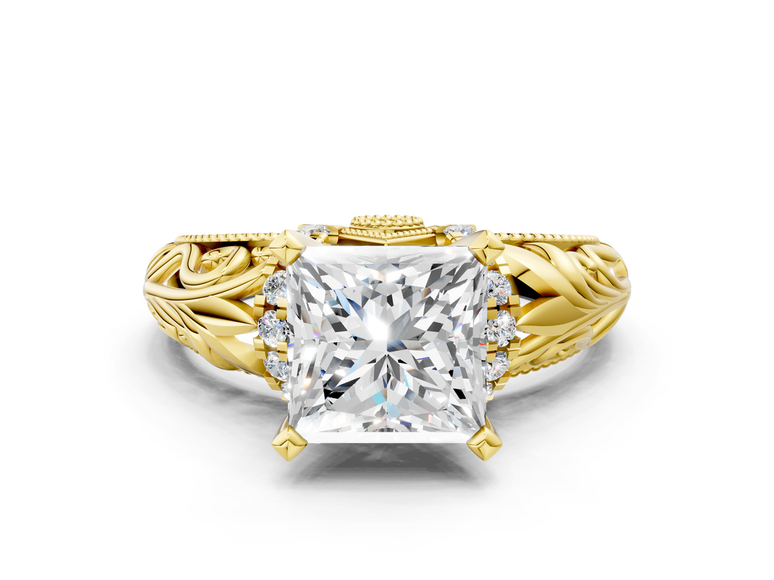 Yellow gold Princess Solitaire Filigree Engagement Ring with Halo and Prong Setting_62