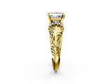Yellow gold Princess Solitaire Filigree Engagement Ring with Halo and Prong Setting_64