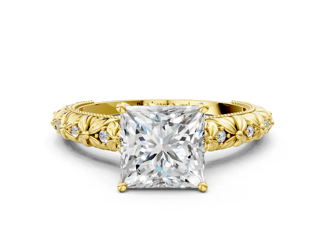 Yellow gold Princess Solitaire Floral Milgrain Engagement Ring_30
