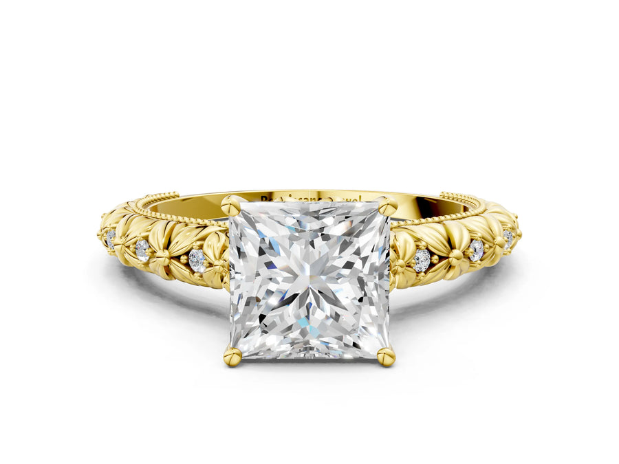 Yellow gold Princess Solitaire Floral Milgrain Engagement Ring