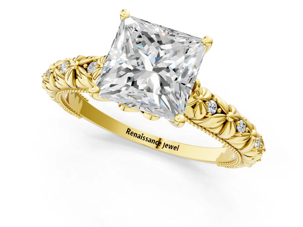 Yellow gold Princess Solitaire Floral Milgrain Engagement Ring